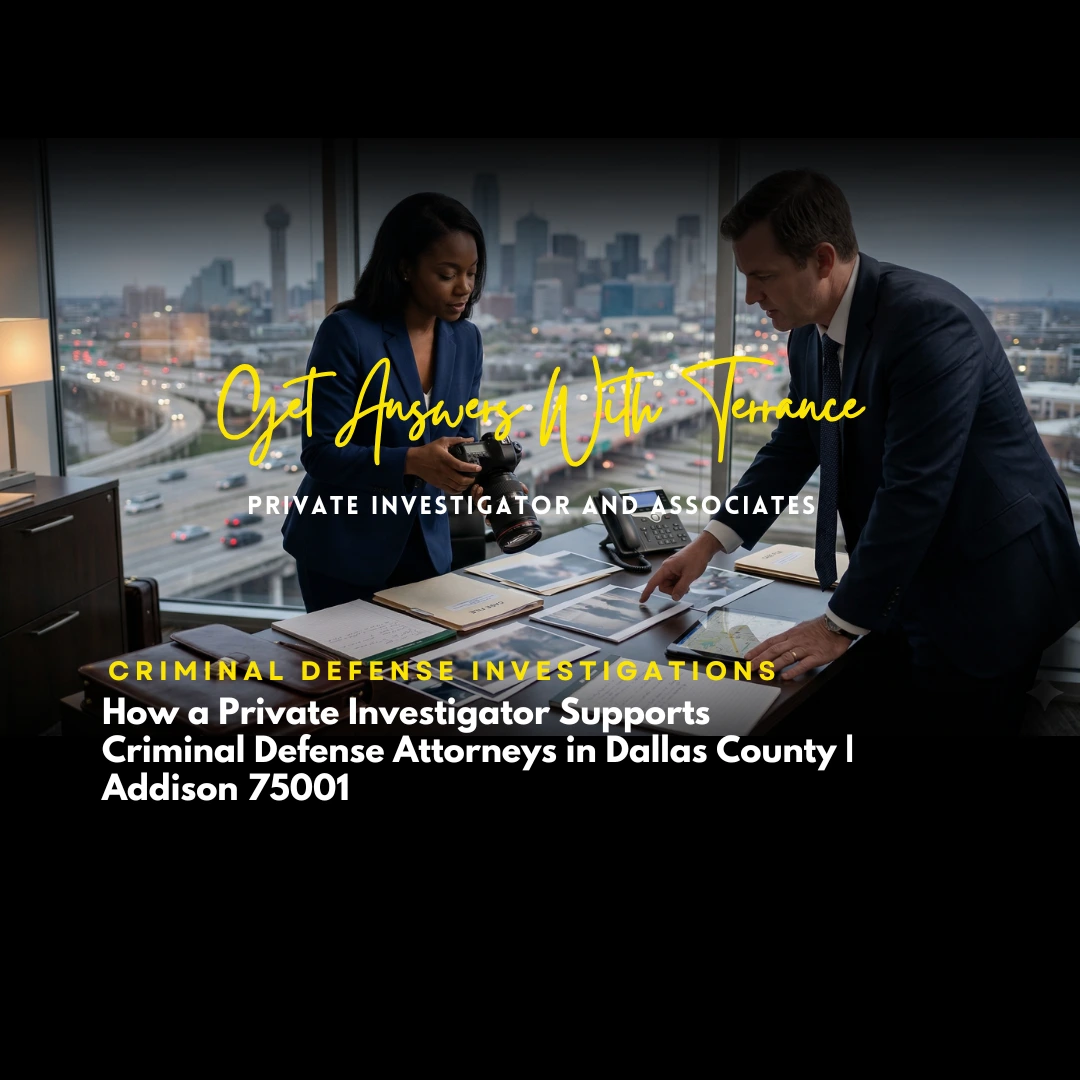 Licensed Dallas County private investigator reviewing criminal defense case files with a defense attorney in Addison TX 75001 — Terrance PI & Associates