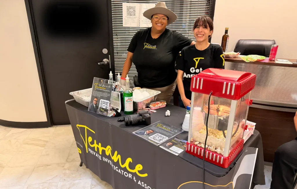 Meet and Greet with Private Investigators table at Houston office building event at Terrance Private Investigator & Associates Houston office